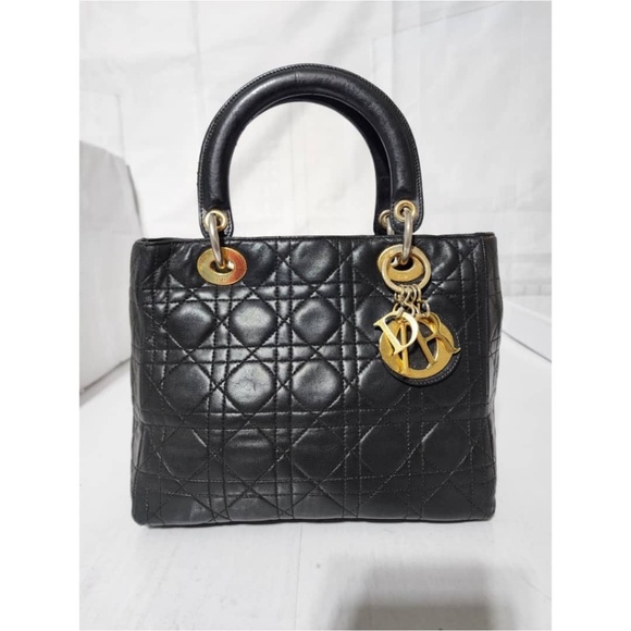 Authentic CHRISTIAN DIOR Vintage  Lambskin Cannage Medium Lady Dior Bag Black - Picture 1 of 15